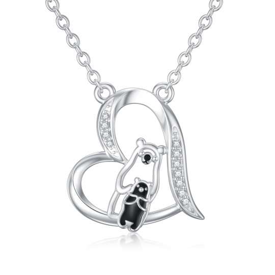 9K White Gold Circular Shaped Cubic Zirconia Bear & Heart Pendant Necklace