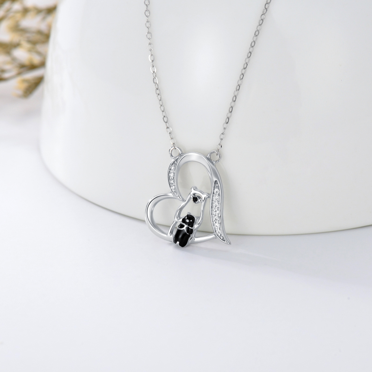 9K White Gold Circular Shaped Cubic Zirconia Bear & Heart Pendant Necklace-3