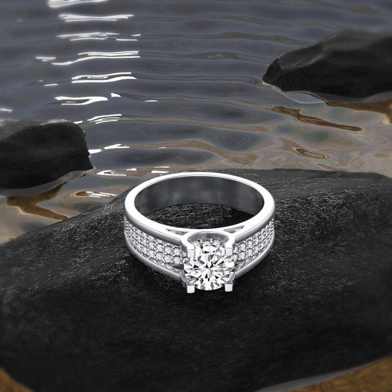 Anel de casal com moissanita redonda em ouro branco 9K para homem.-6