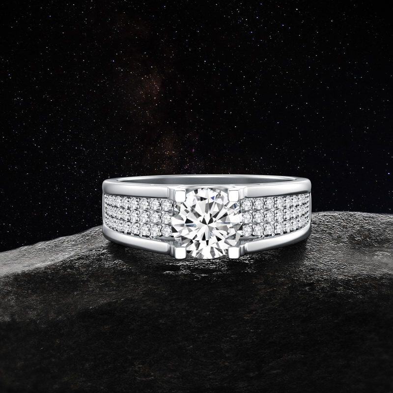 Anel de casal com moissanita redonda em ouro branco 9K para homem.-7