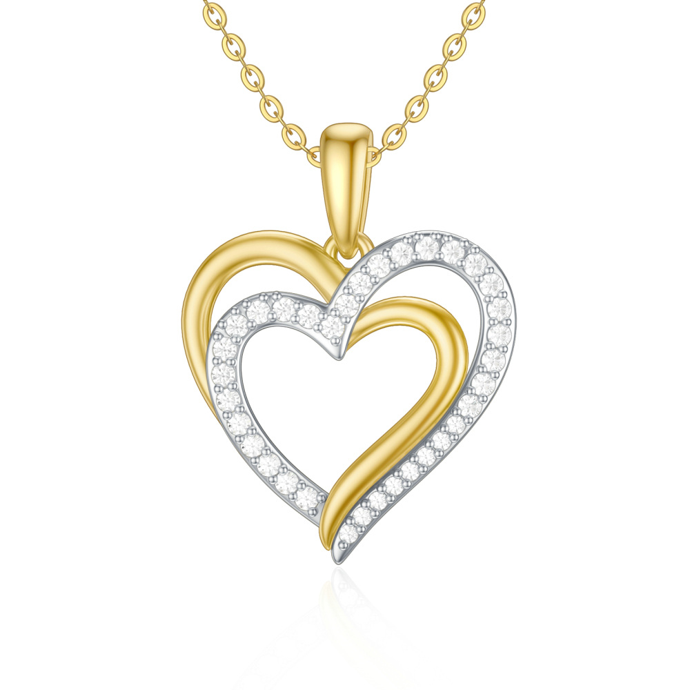 9K Gold Two-Tone Cubic Zirconia Heart Pendant Necklace For Women-1