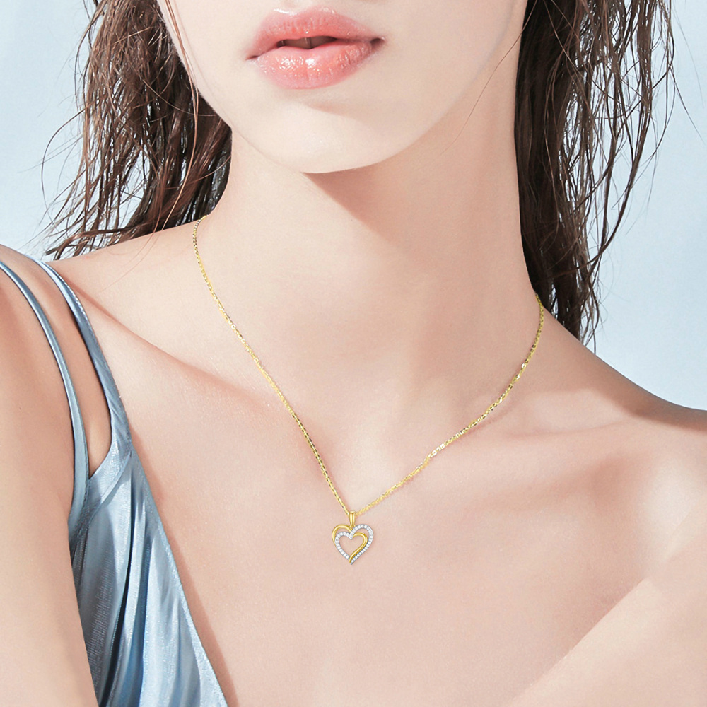 9K Gold Two-Tone Cubic Zirconia Heart Pendant Necklace For Women-2