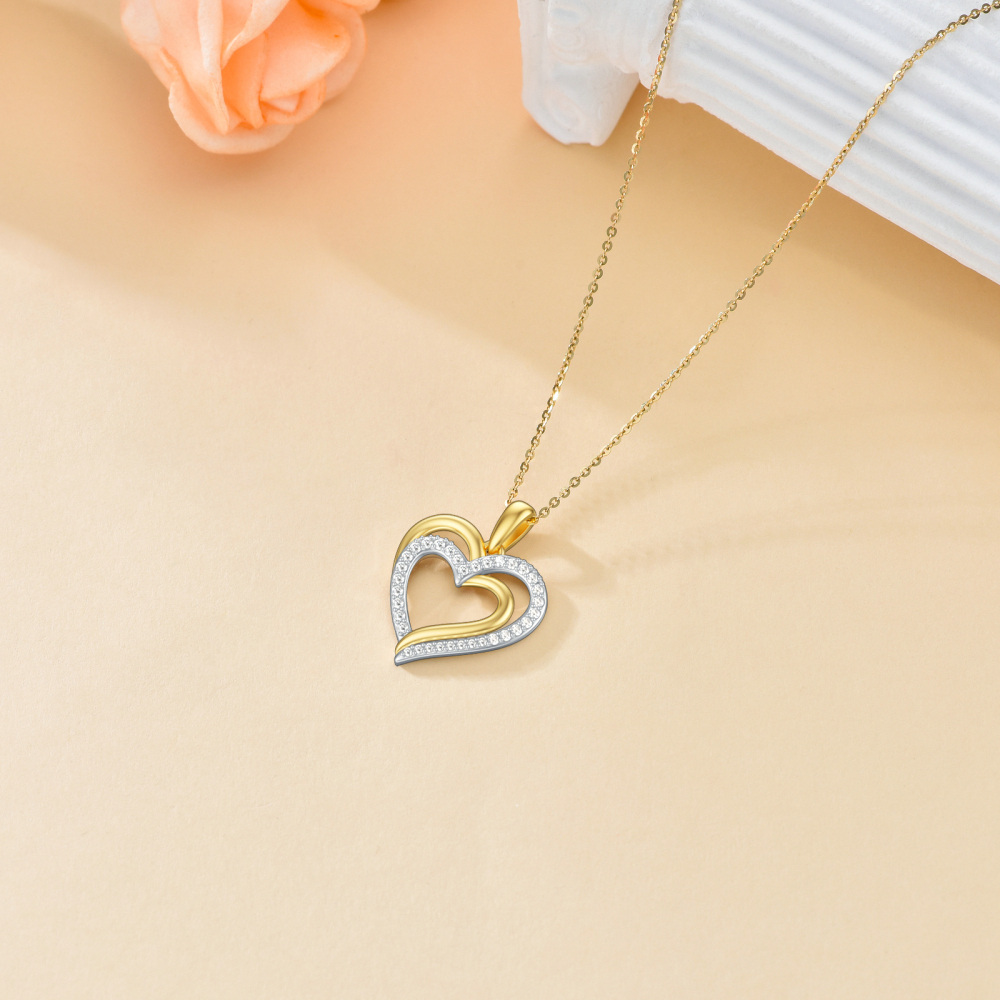9K Gold Two-Tone Cubic Zirconia Heart Pendant Necklace For Women-3