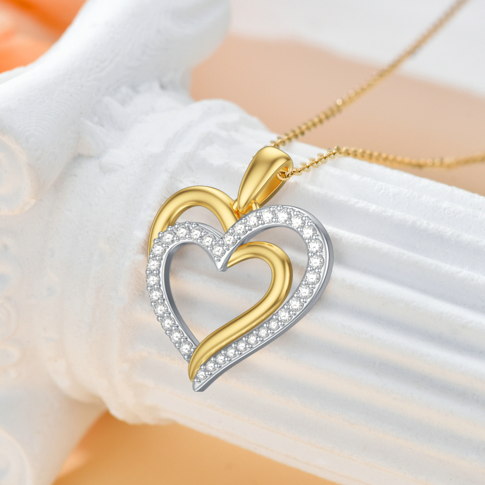 9K Gold Two-Tone Cubic Zirconia Heart Pendant Necklace For Women-4