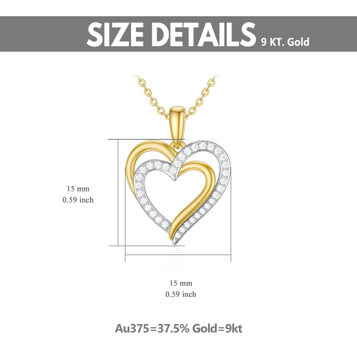 Collar con colgante de corazón de circonita cúbica de dos tonos de oro de 9 quilates para mujer-5