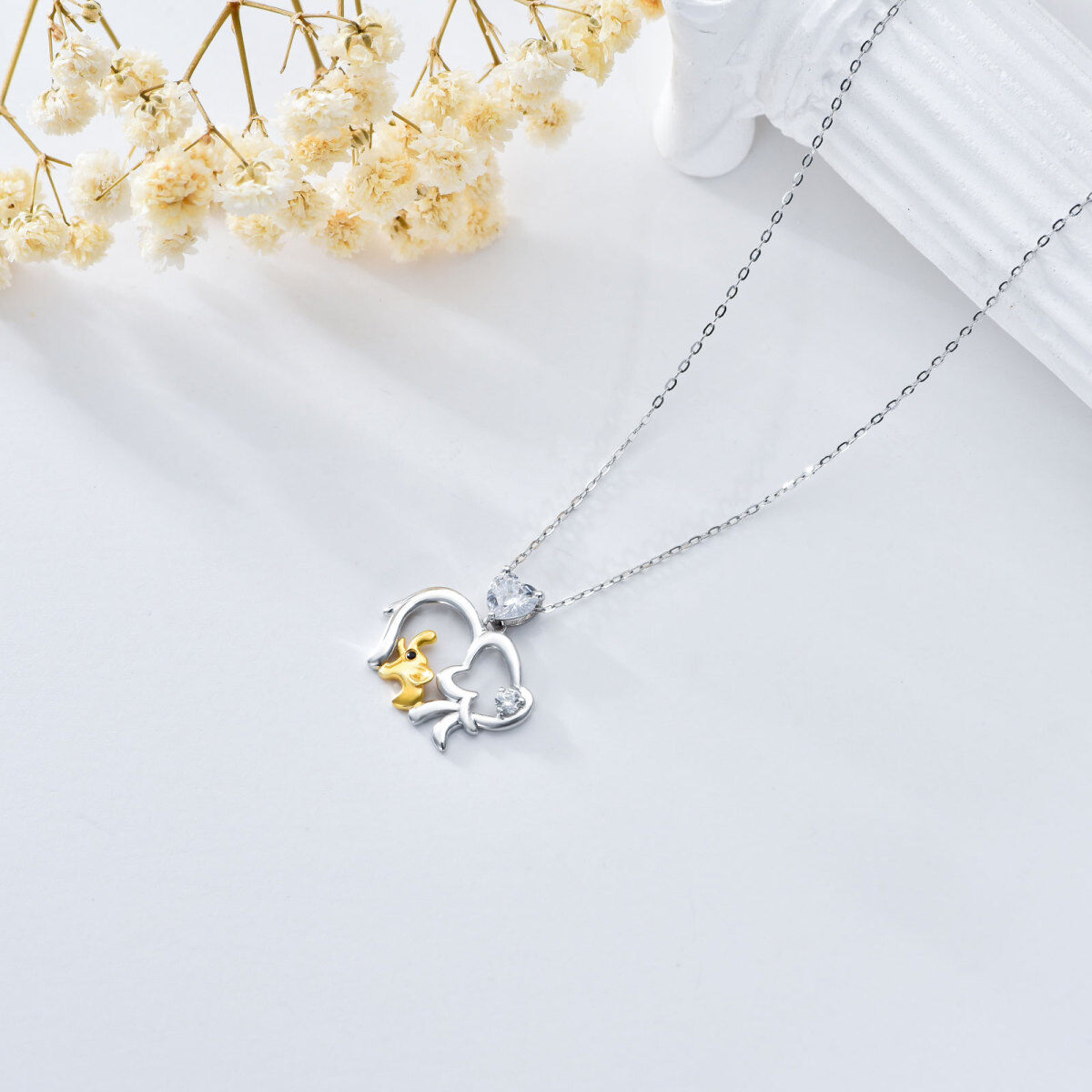 9K White Gold Two-Tone Heart Zircon Elephant Pendant Necklace For Women-4