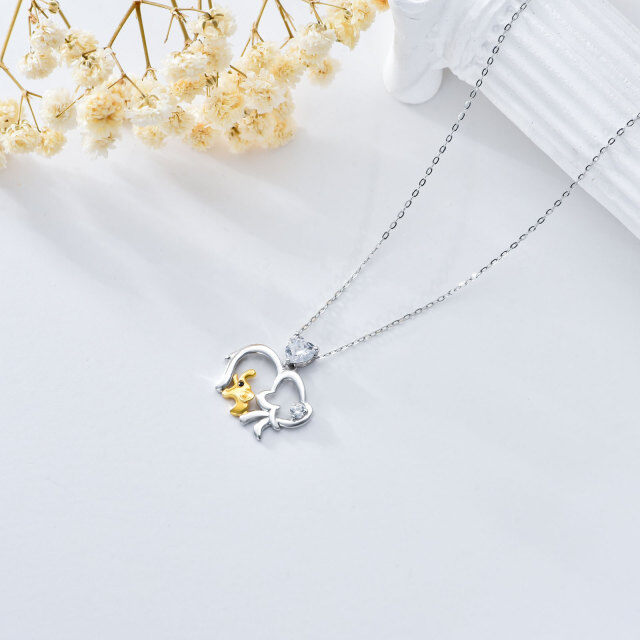 9K White Gold & Yellow Gold Circular Shaped & Heart Shaped Zircon Elephant & Heart Pendant Necklace-4