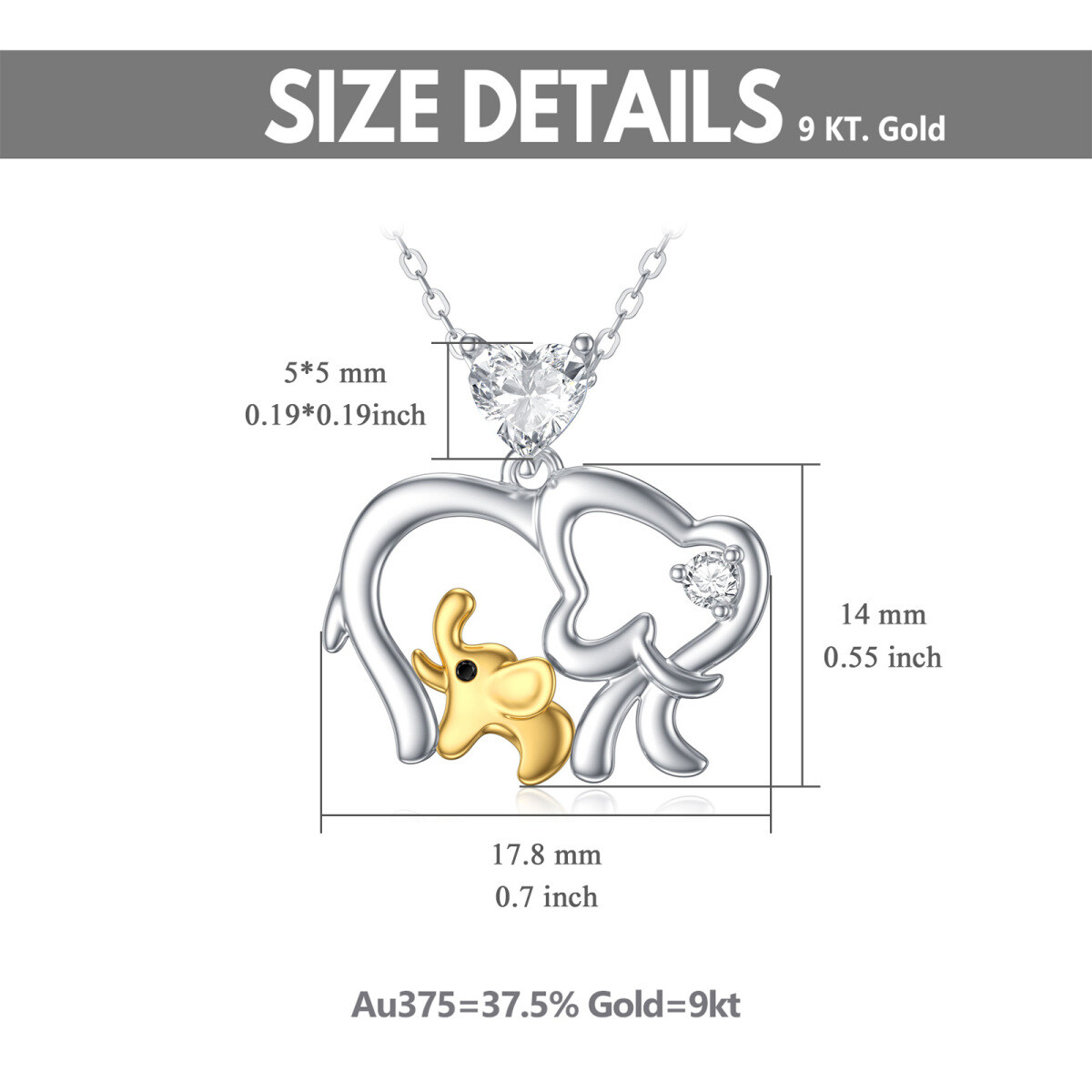 9K White Gold Two-Tone Heart Zircon Elephant Pendant Necklace For Women-5