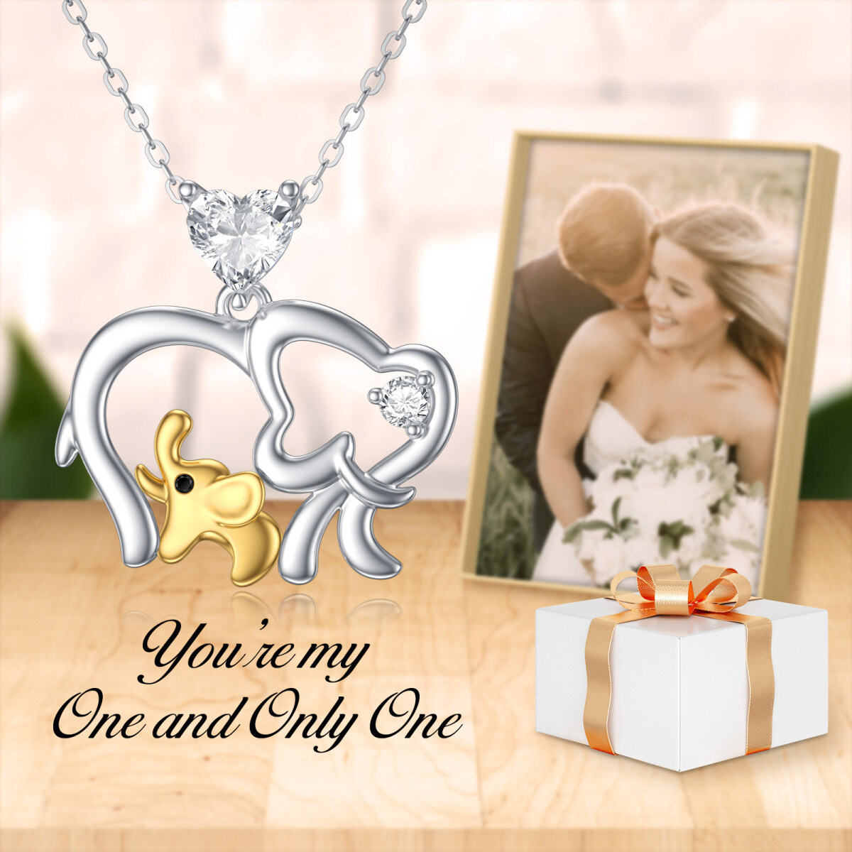 Collar con colgante de elefante con circonita en forma de corazón de dos tonos de oro blanco de 9 quilates para mujer-6