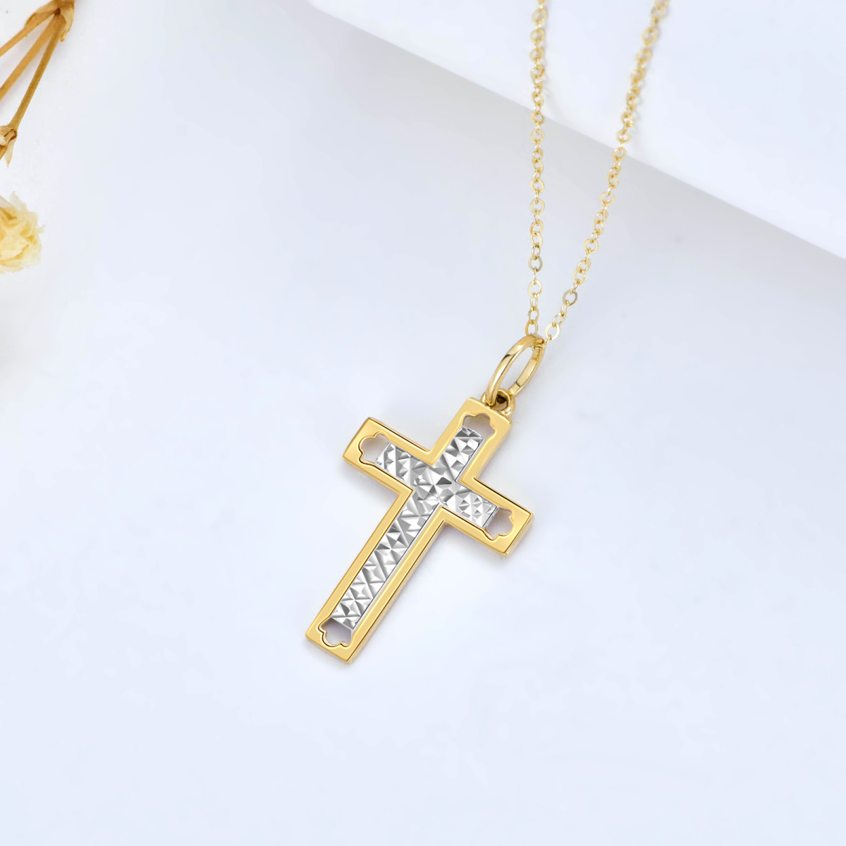 9K Gold Two-Tone Cross Pendant Necklace For Unisex-4