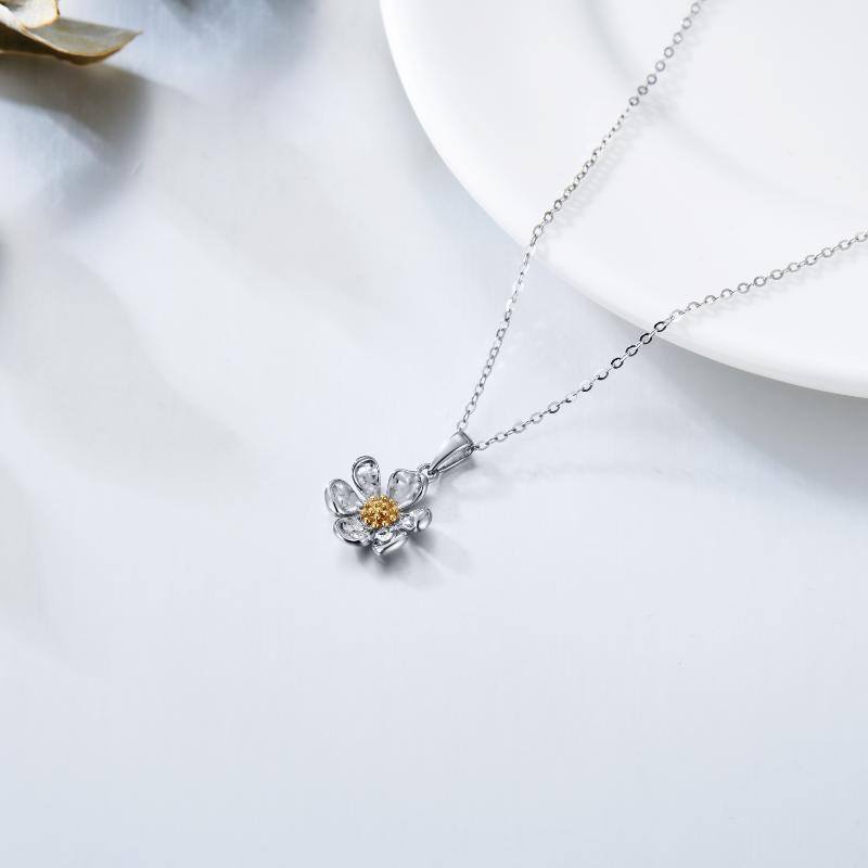 9K White Gold & Yellow Gold Daisy Pendant Necklace For Women-5