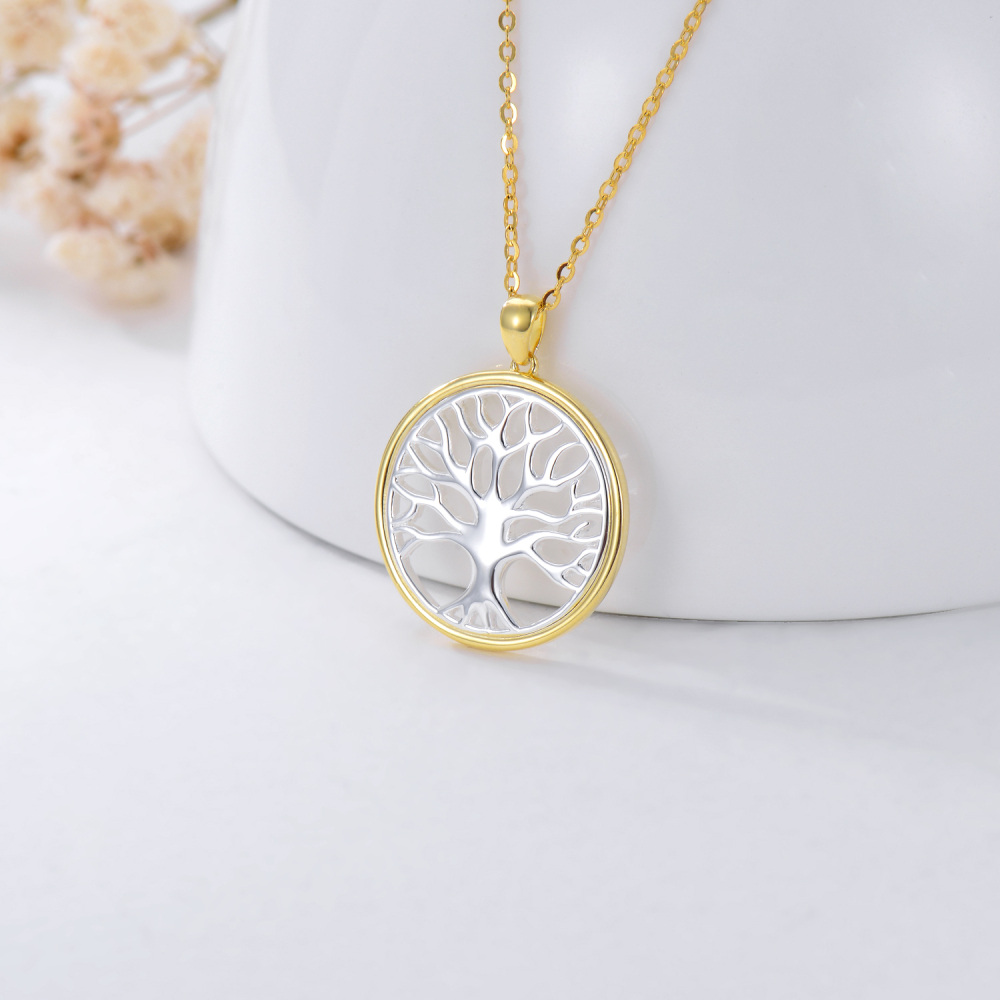9K White Gold & Yellow Gold Tree Of Life Pendant Necklace-3