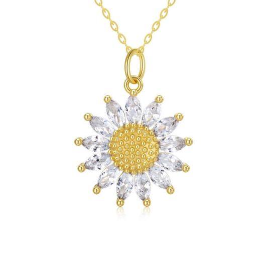 9K Gold Marquise Shaped Cubic Zirconia Sunflower Pendant Necklace