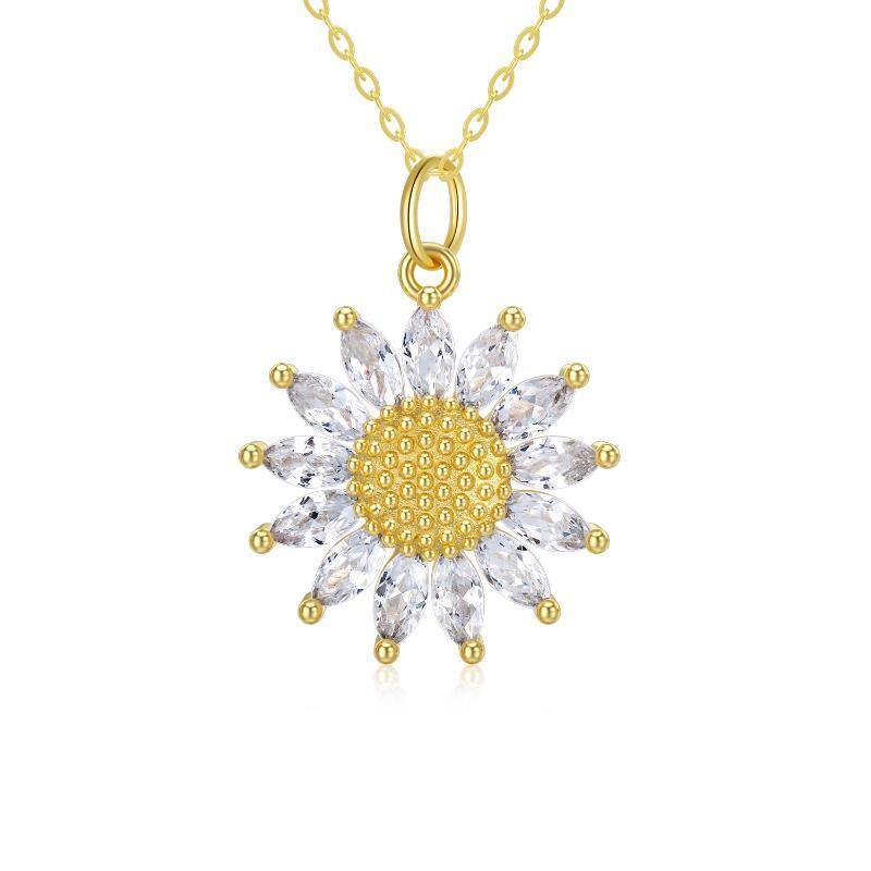 9K Gold Marquise Shaped Cubic Zirconia Sunflower Pendant Necklace