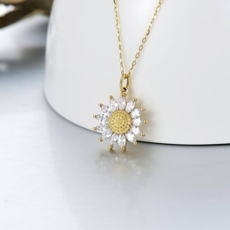 9K Gold Marquise Shaped Cubic Zirconia Sunflower Pendant Necklace-3