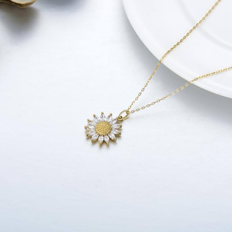 9K Gold Marquise Shaped Cubic Zirconia Sunflower Pendant Necklace-4