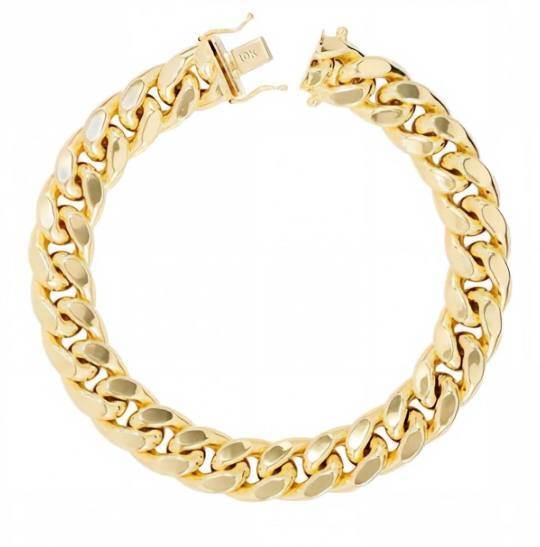 10K gouden Cubaanse schakelarmband van 9 mm, verkrijgbaar in lengtes van 7 tot 9 inch.