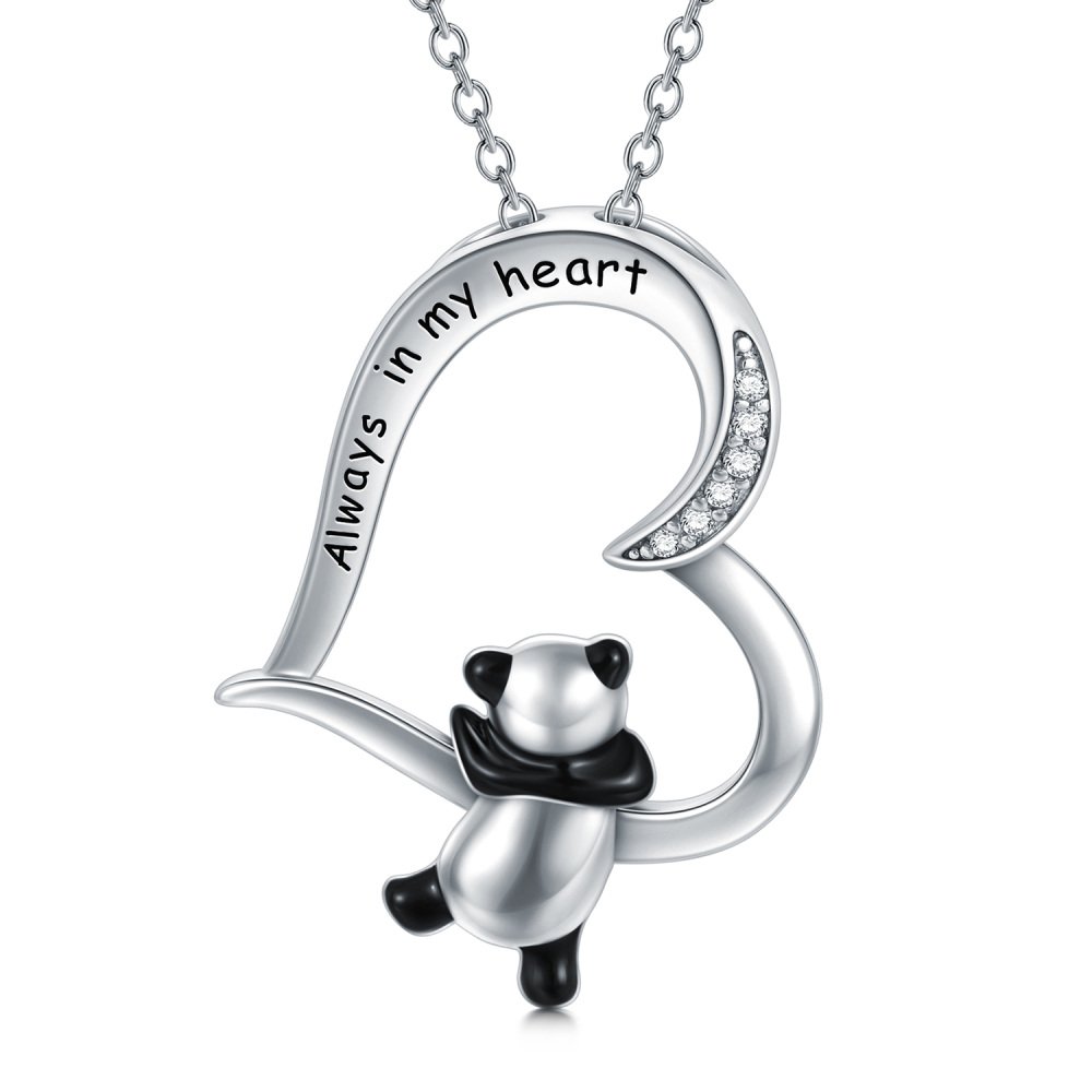 Sterling Silver Cubic Zirconia Panda & Heart Pendant Necklace with Engraved Word-1