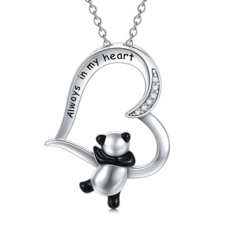 Sterling Silver Cubic Zirconia Panda & Heart Pendant Necklace with Engraved Word-36