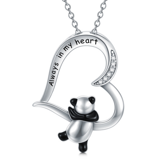 Sterling Silver Cubic Zirconia Panda & Heart Pendant Necklace with Engraved Word