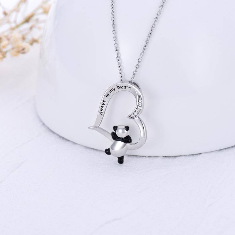 Sterling Silver Cubic Zirconia Panda & Heart Pendant Necklace with Engraved Word-3
