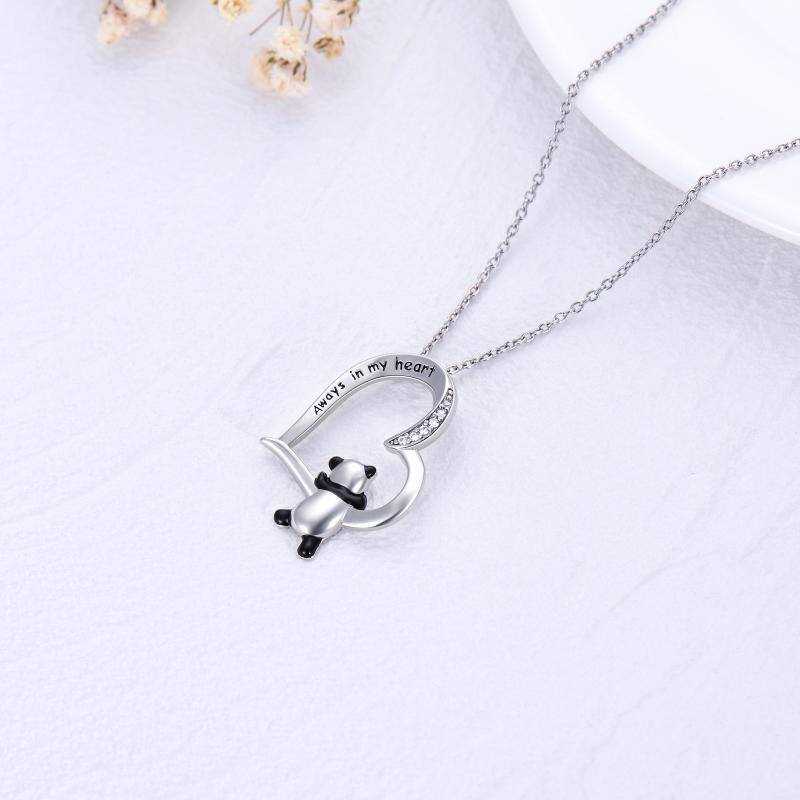 Sterling Silver Cubic Zirconia Panda & Heart Pendant Necklace with Engraved Word-4