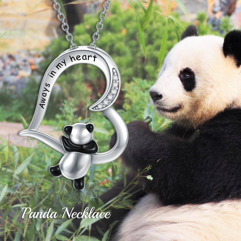 Colar com pingente de coração de panda de zircônia cúbica de prata esterlina com palavra gravada-6