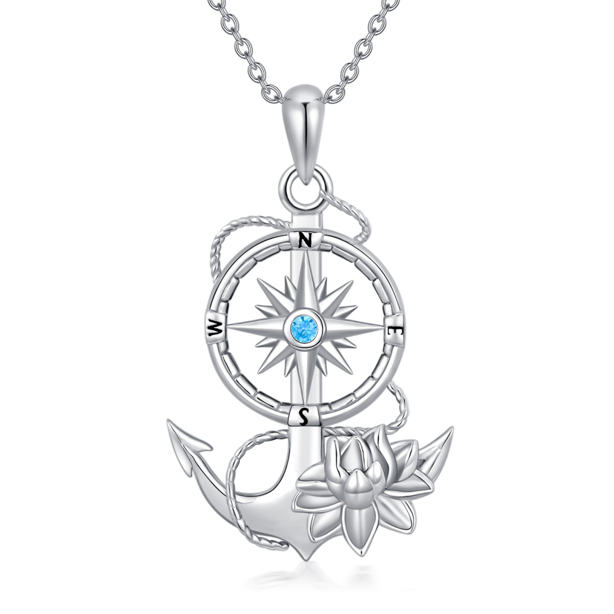 Sterling Silver Lotus Compass Anchor Pendant Necklace For Women-1