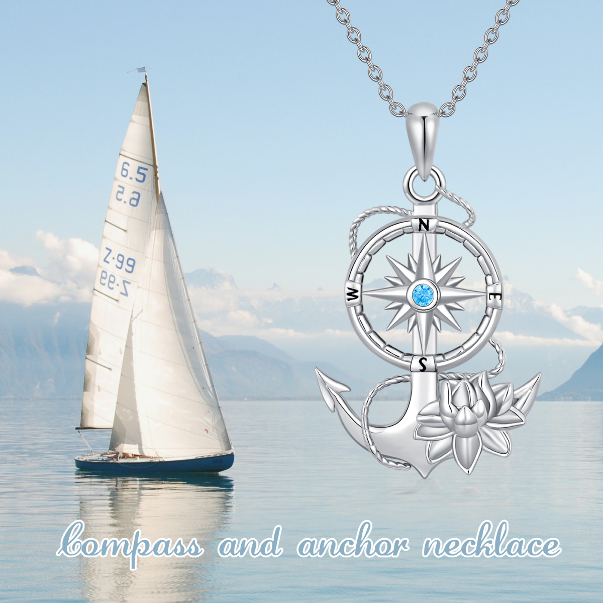 Collier avec pendentif ancre boussole lotus en argent sterling pour femme-3