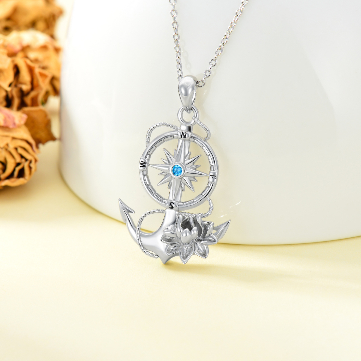 Sterling Silver Lotus Compass Anchor Pendant Necklace For Women-4