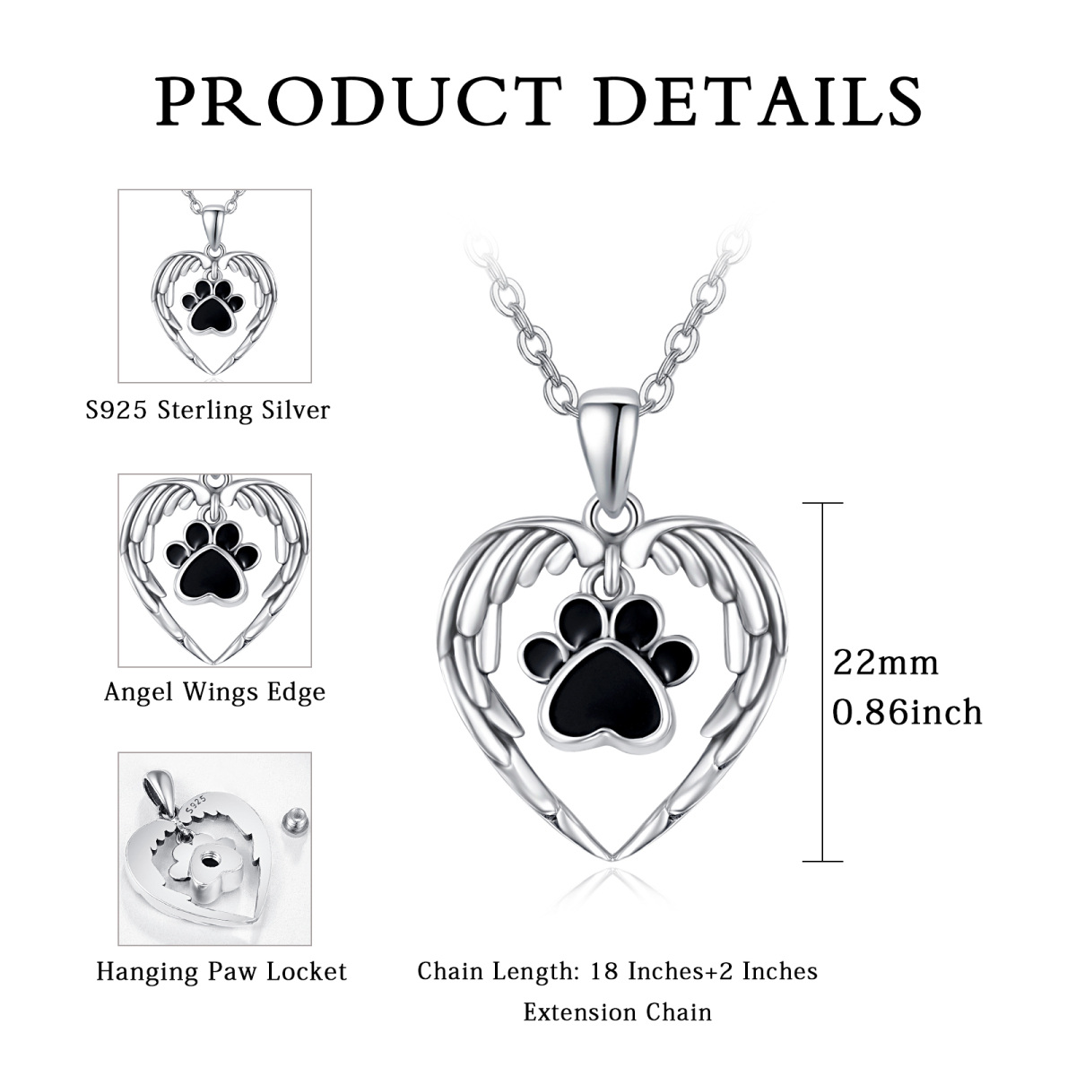 Sterling Silver Paw & Angel Wing Heart Urn Necklace for Ashes for Women-5