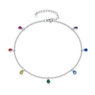 Sterling Silver Oval Shaped Crystal Drop Shape Single Layer Charm Anklet-53