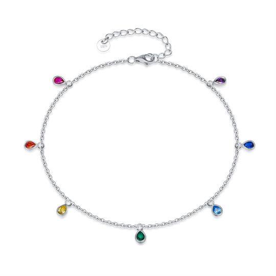 Sterling Silver Oval Shaped Crystal Drop Shape Single Layer Charm Anklet