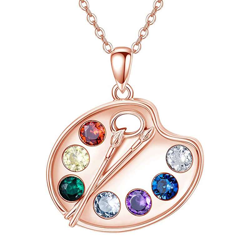 Collar de plata de ley con paleta de pintura y pincel chapado en oro rosa para mujer-1