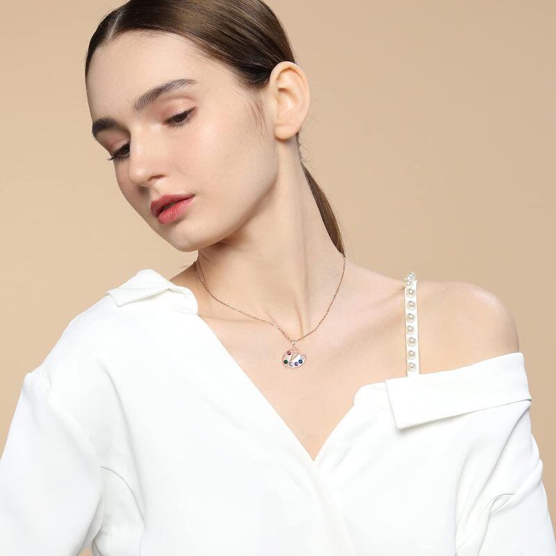 Collar de plata de ley con paleta de pintura y pincel chapado en oro rosa para mujer-2