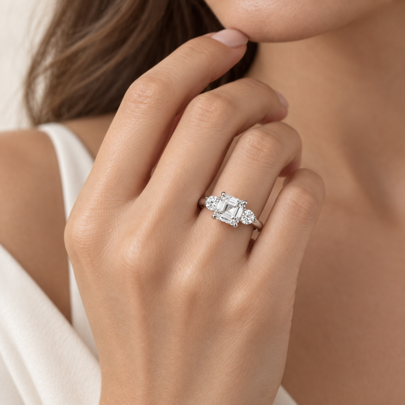 Anillo de compromiso personalizado de tres piedras con diamante cultivado en laboratorio, talla Asscher, de oro blanco de 14 quilates.-2