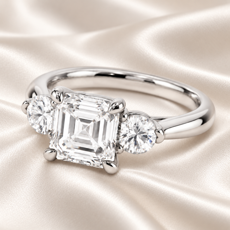 Anillo de compromiso personalizado de tres piedras con diamante cultivado en laboratorio, talla Asscher, de oro blanco de 14 quilates.-3