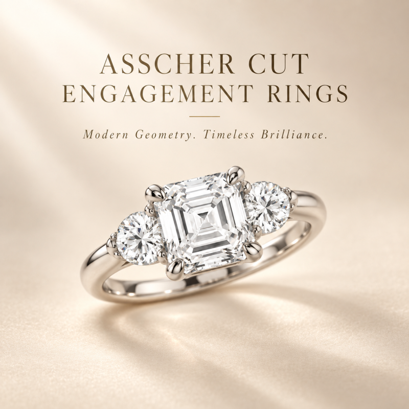 Anillo de compromiso personalizado de tres piedras con diamante cultivado en laboratorio, talla Asscher, de oro blanco de 14 quilates.-4