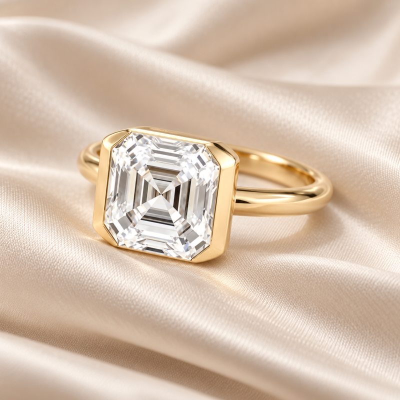 Anillo de compromiso de oro de 18 quilates con diamante cultivado en laboratorio, talla Asscher y engaste personalizado de media montura, color D y claridad VVS1.-3