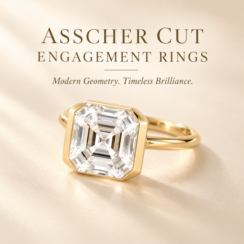 Anillo de compromiso de oro de 18 quilates con diamante cultivado en laboratorio, talla Asscher y engaste personalizado de media montura, color D y claridad VVS1.-4