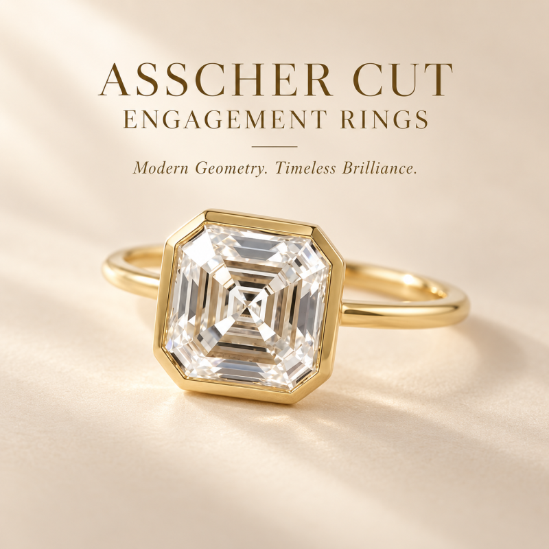 Anillo de compromiso de oro de 14 quilates con diamante cultivado en laboratorio, talla Asscher y engaste personalizado. Color D, claridad VVS1.-4