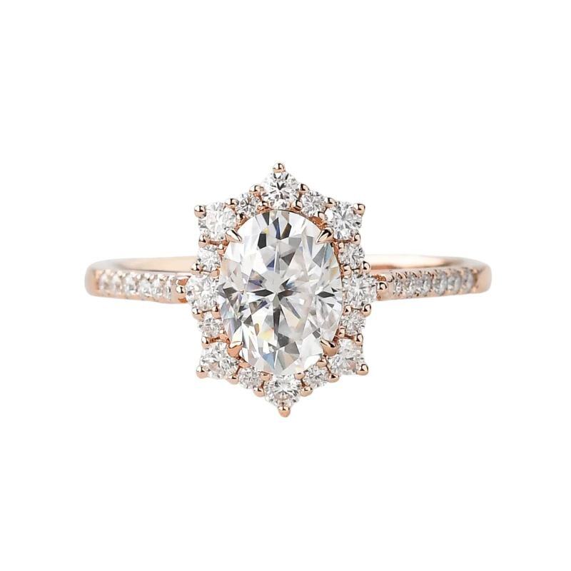 14K Rose Gold Oval Cut Moissanite Halo Engagement Ring-1
