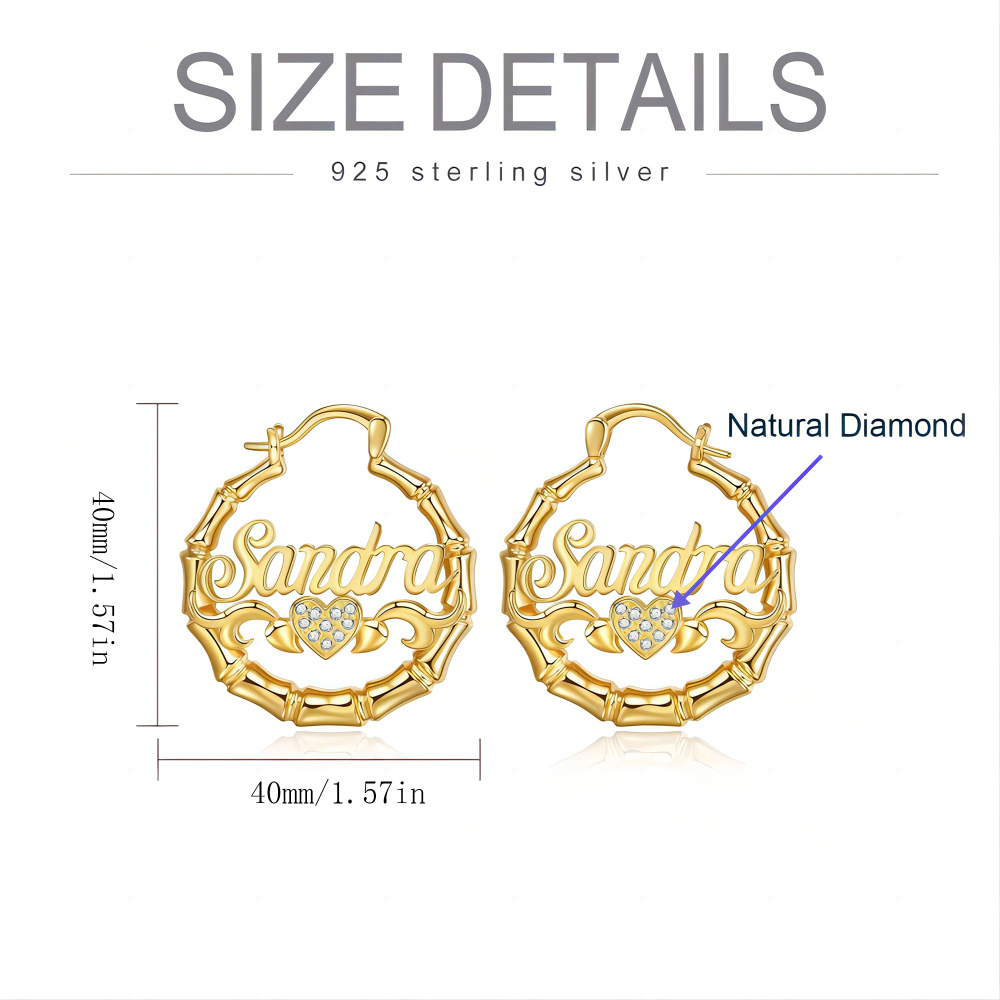 925 Sliver Bamboo Hoop Custom Natural Diamonds Name Earrings Personalised For Women-2