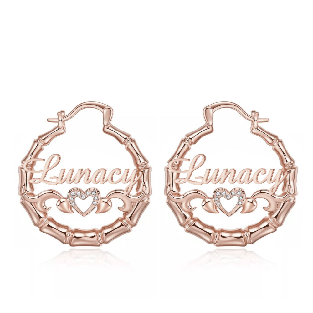 925 Sliver Bamboo Hoop Custom Natural Diamonds Name Earrings Personalised For Women-3
