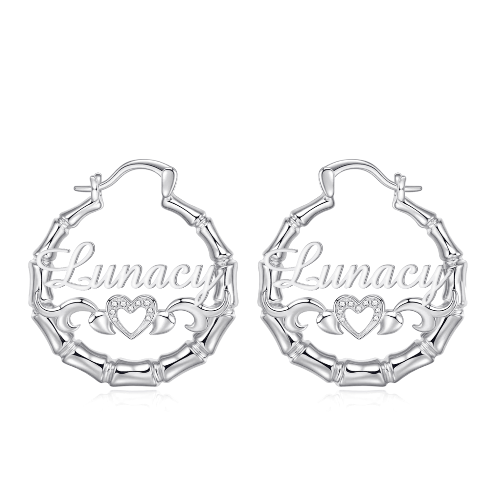 925 Sliver Bamboo Hoop Custom Natural Diamonds Name Earrings Personalised For Women-4