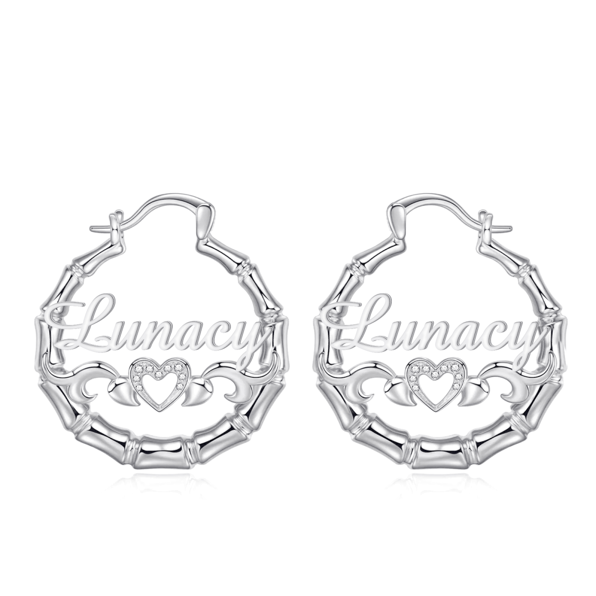 Pendientes con nombre de diamantes naturales personalizados con aro de bambú de plata 925 personalizados para mujer-4