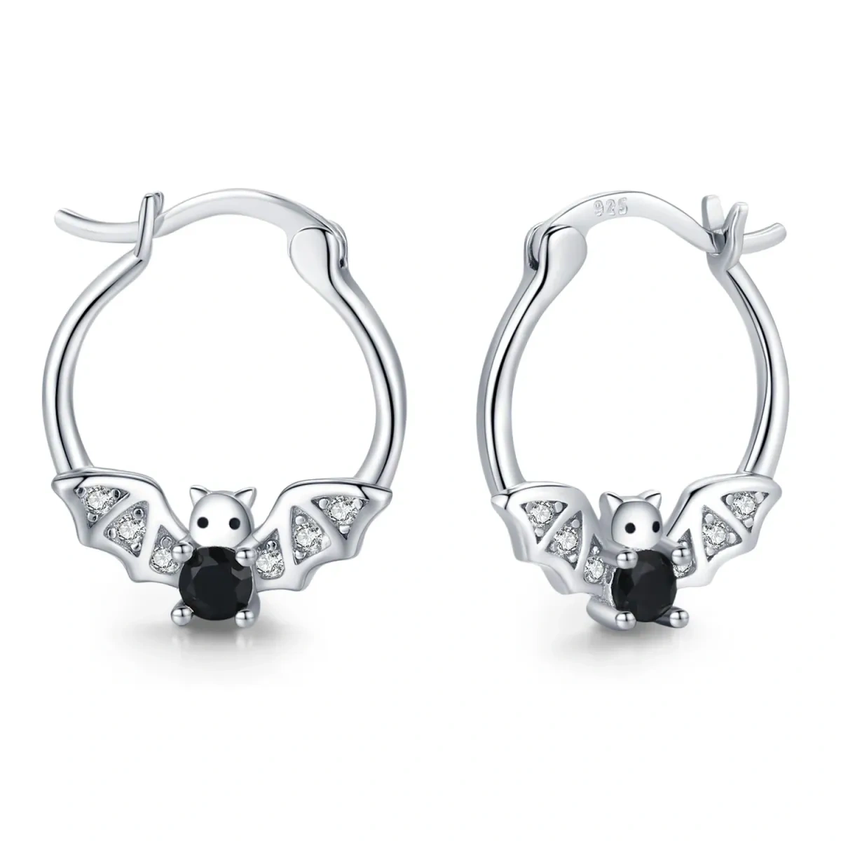 Sterling Silver Cubic Zirconia Bat Hoop Earrings-1