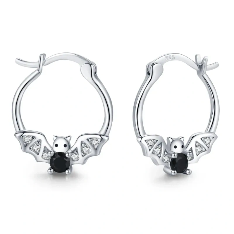 Sterling Silver Cubic Zirconia Bat Hoop Earrings-18