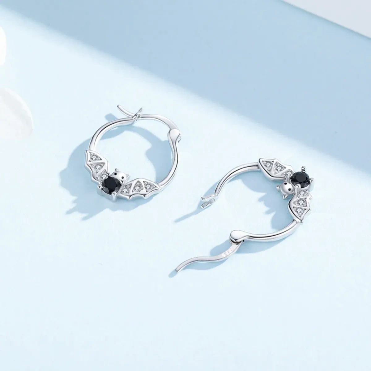 Sterling Silver Cubic Zirconia Bat Hoop Earrings-3