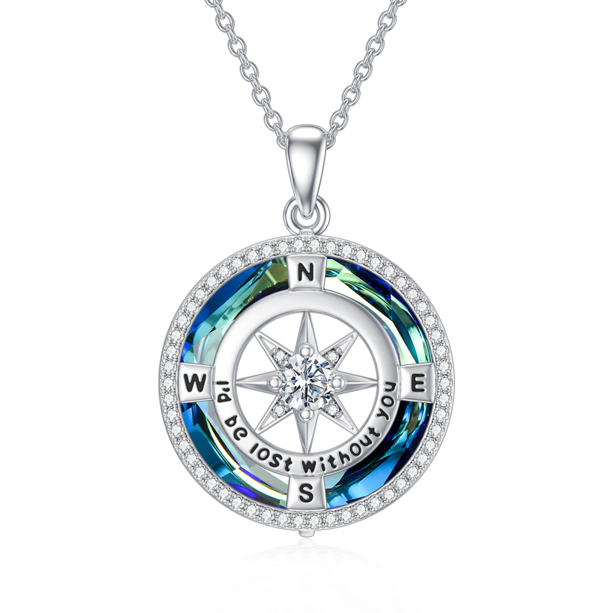 Sterling Silver Compass Crystal Pendant Necklace for Women Men-1